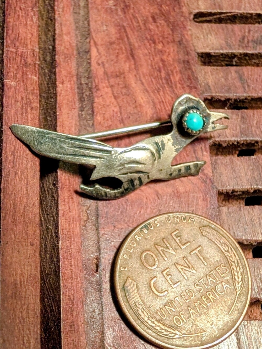 Antique Sterling Silver Southwestern Style Turquoise Roadrunner Pin